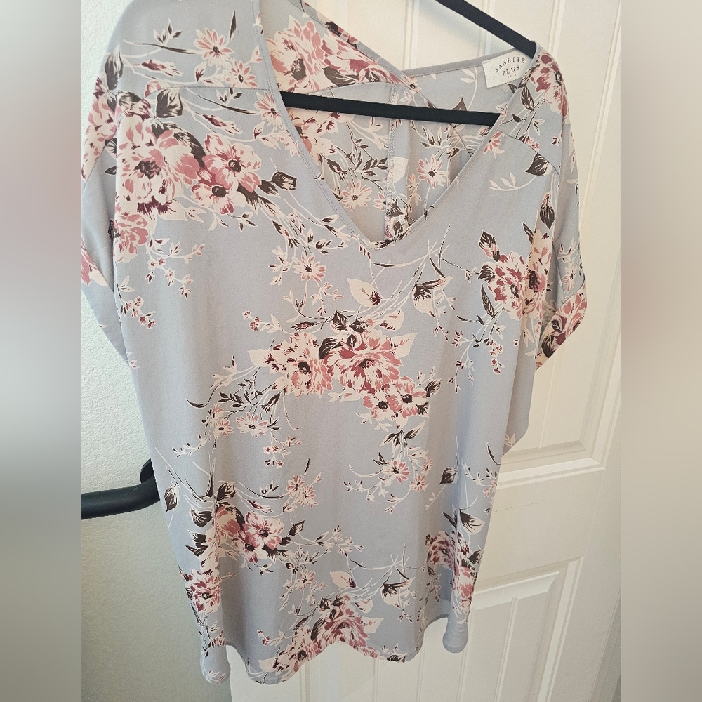 Janette Plus Light Gray V-Neck Floral Tunic with Dusty Pink Blooms